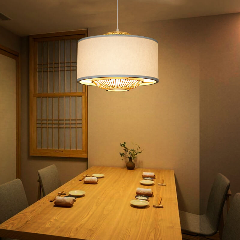 Contemporary Scandinavian Zen Bamboo Weaving Parchment Drum 1-Light Pendant Light for Living Room