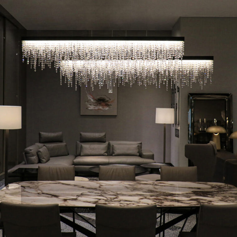 Lustre LED rectangulaire en acier inoxydable avec cristaux de luxe contemporain pour salle à manger 