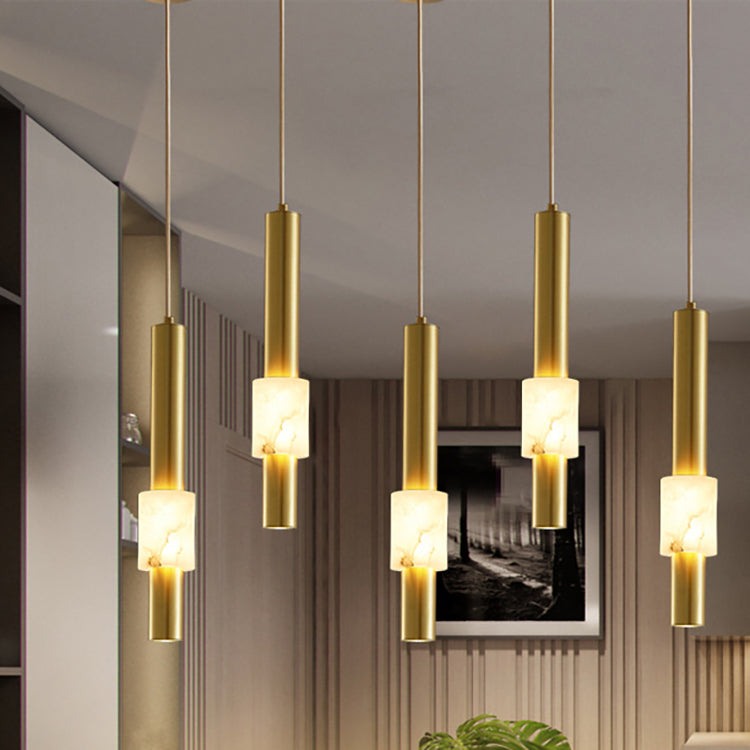 Lustre LED contemporain de luxe en cuivre à bande longue avec abat-jour en marbre pour salon 
