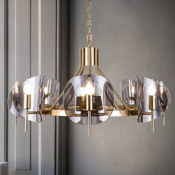 Lámpara de araña moderna de lujo con 8 luces, pantalla arqueada de vidrio y hierro, diseño de ramas, para sala de estar 