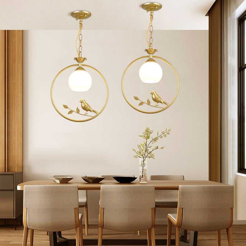 Traditionelle Vintage Eisenring Vogel Dekor Blume Glasschirm 1-Licht Pendelleuchte für Wohnzimmer 