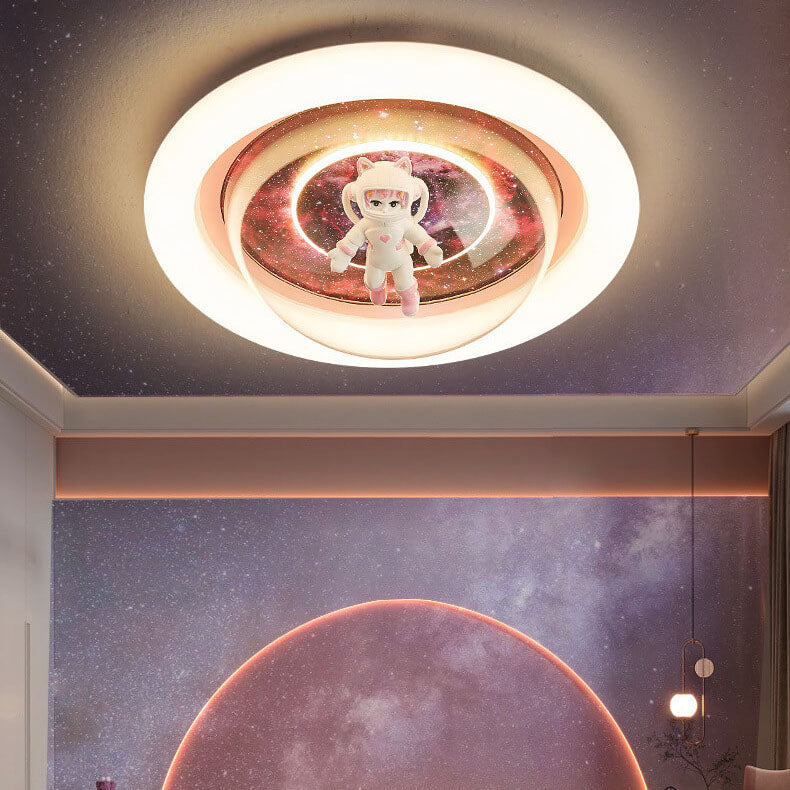 Contemporary Creative Cartoon Pink Astronaut Unicorn Round Acrylic Resin LED Flush Mount Ceiling Light For Bedroom