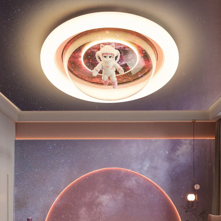 Contemporary Creative Cartoon Pink Astronaut Unicorn Round Acrylic Resin LED Flush Mount Ceiling Light For Bedroom