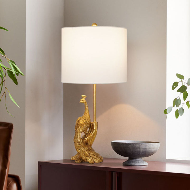 Traditional Vintage Cylindrical Peacock Resin Gold Foil Fabric 1-Light Table Lamp For Bedroom