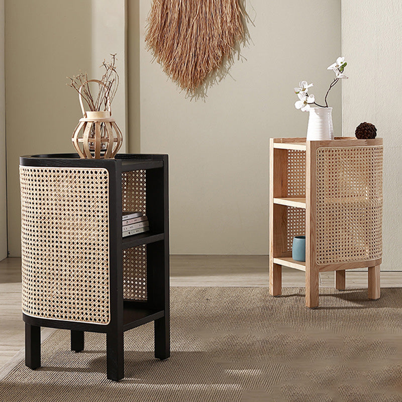 Traditional Japanese Weaving Semicircular Elliptical Faux Rattan Ash Wood Nightstand 2-Storage For Bedside