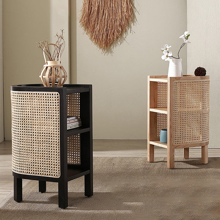 Traditional Japanese Weaving Semicircular Elliptical Faux Rattan Ash Wood Nightstand 2-Storage For Bedside