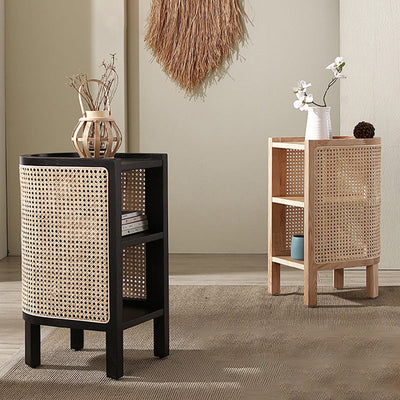 Table de nuit en bois de frêne avec tissage japonais traditionnel semi-circulaire elliptique en rotin à 2 rangements pour le chevet 