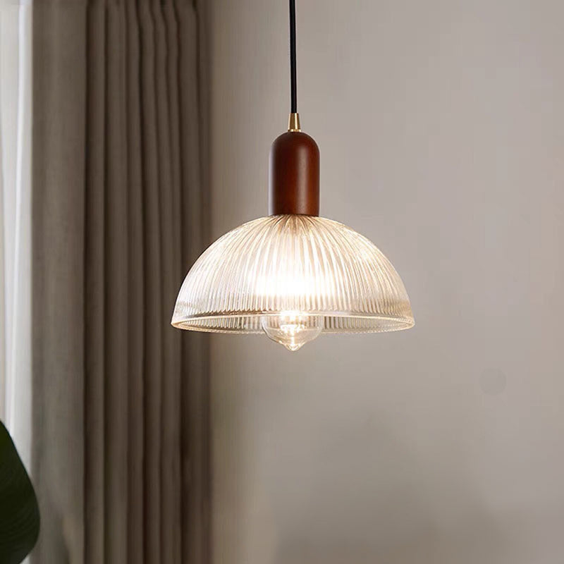 Lámpara Colgante de 1 Luz con Cúpula de Vidrio y Tazón Redondo Vintage Tradicional de Madera Maciza para Sala de Estar 