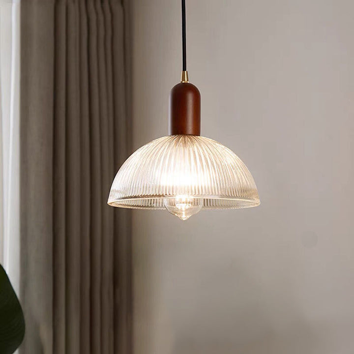 Lámpara Colgante de 1 Luz con Cúpula de Vidrio y Tazón Redondo Vintage Tradicional de Madera Maciza para Sala de Estar 