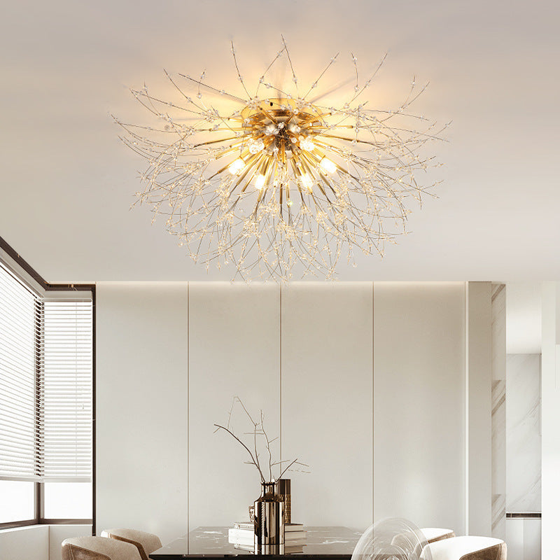 Modern Art Deco Crystal Beads Dandelion Aluminum Strip Shape 4/5/6/8-Light Semi-Flush Mount Ceiling Light For Living Room