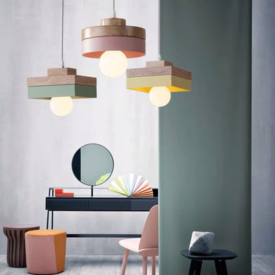Moderne minimalistische Macaron Square Eisen Holz 1-Licht Pendelleuchte für Wohnzimmer 