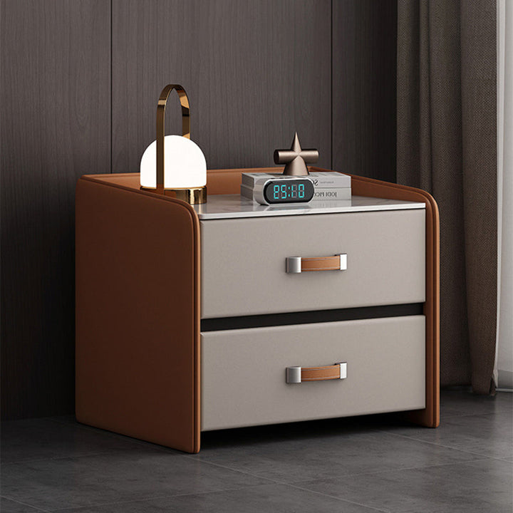 Modern Simplicity Rectangular Slab Saddle-Style Faux Leather Wood Nightstand 2-Drawer For Bedside