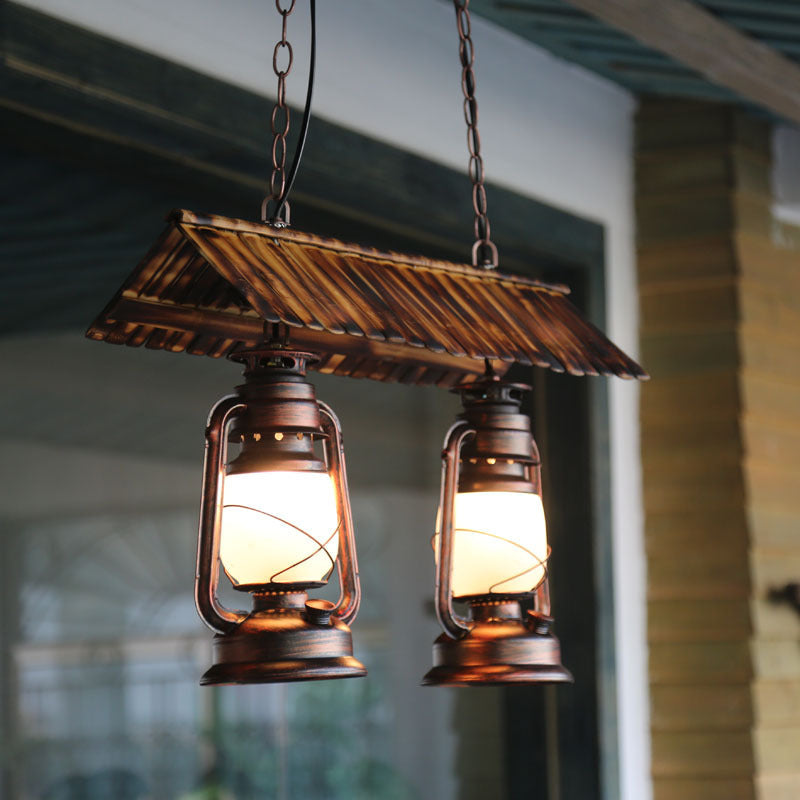 Traditionelle Bauernhaus-Pferdelampe, Eisen, Bambus, Glas, 2-flammig, Inselleuchter für Esszimmer 