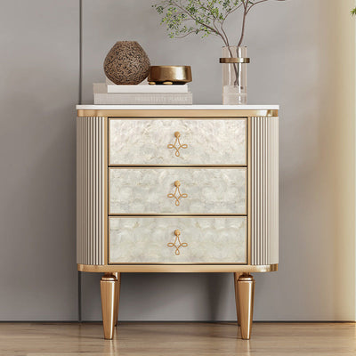 Table de nuit rectangulaire en pierre moderne avec pieds en bois et 3 tiroirs pour chambre à coucher 