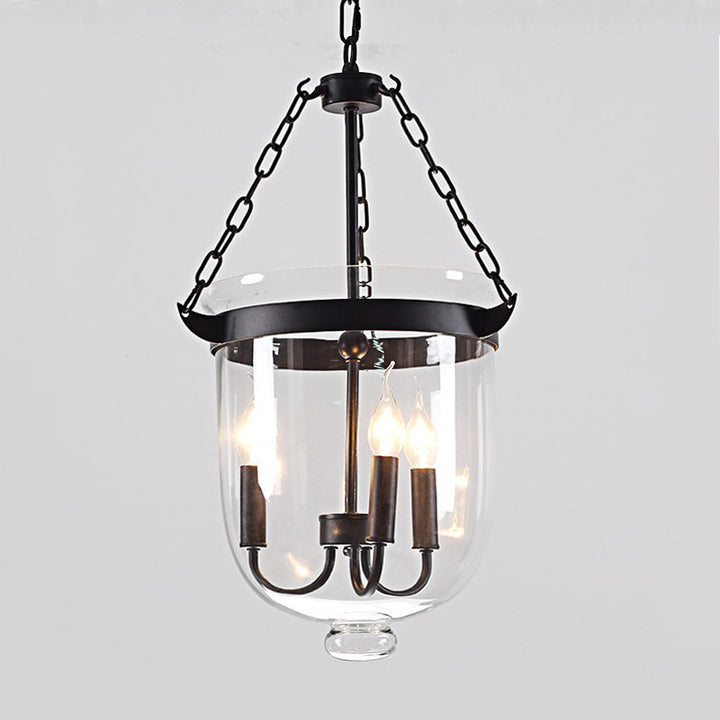 Traditioneller rustikaler runder Glas-Eimer Eisen-Kerzenhalter 3-Licht Kronleuchter für Wohnzimmer 