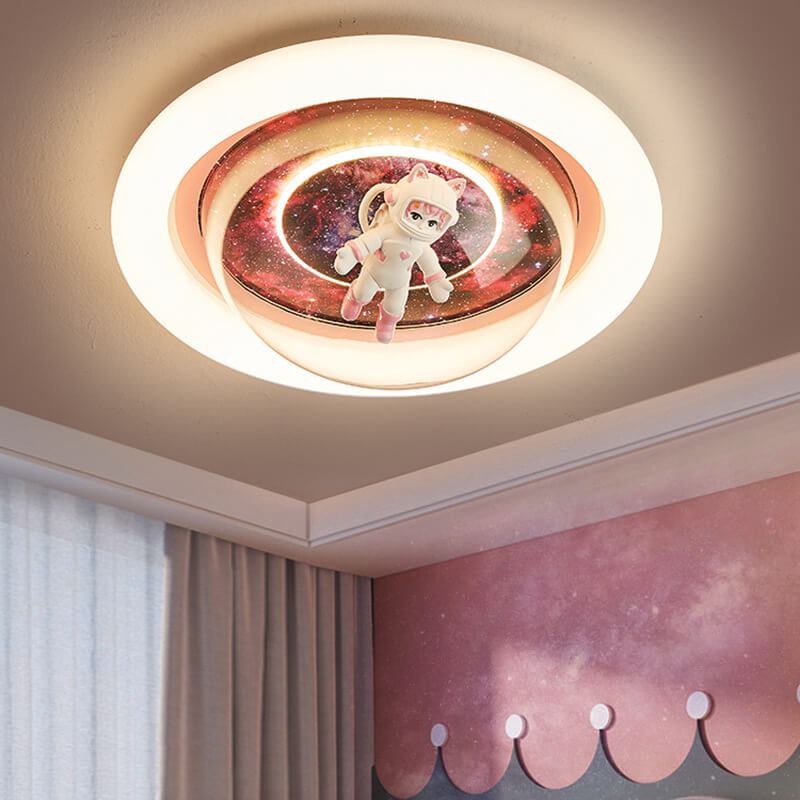 Contemporary Creative Cartoon Pink Astronaut Unicorn Round Acrylic Resin LED Flush Mount Ceiling Light For Bedroom