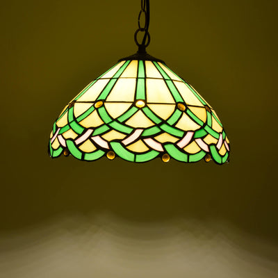 Vintage Tiffany Green Line Gems Cone 1-Light Pendant Light