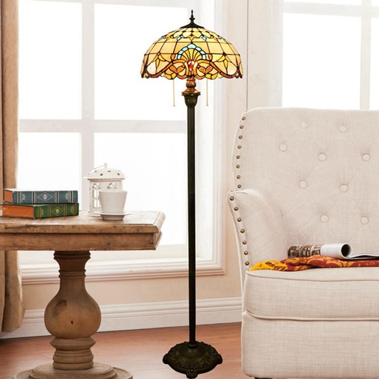 Traditional Tiffany Baroque Stained Resin Iron Glass Dome 2-Light Standing Floor Lamp For Living Room