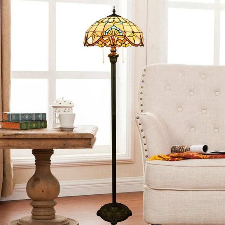 Traditional Tiffany Baroque Stained Resin Iron Glass Dome 2-Light Standing Floor Lamp For Living Room
