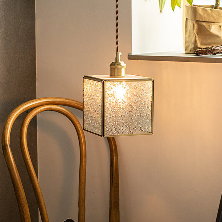Traditional Vintage Clear Patterned Glass Cone Square Copper 1-Light Pendant Light for Living Room