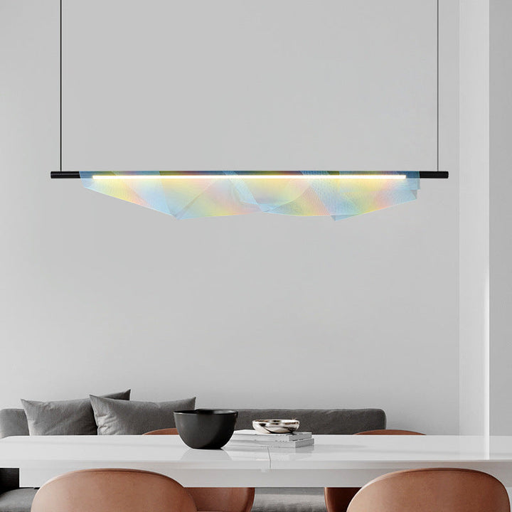 Moderno Minimalista Hierro Tira Larga Arcoíris Malla Decorativa LED Isla Luz Colgante Para Comedor 