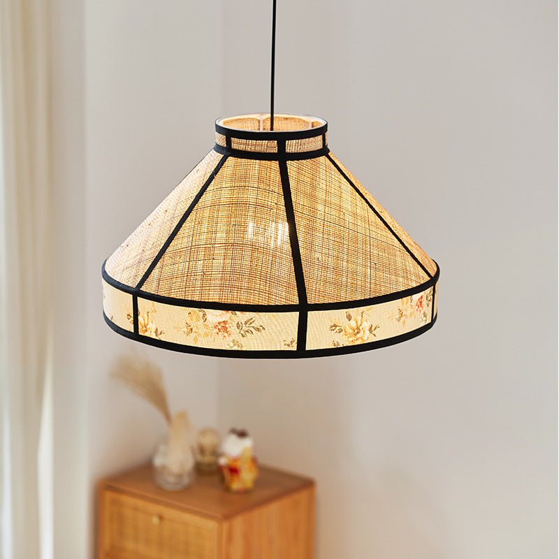 Zeitgenössische Vintage Runde Kegel Bast Hardware 1-Licht Pendelleuchte für Wohnzimmer 