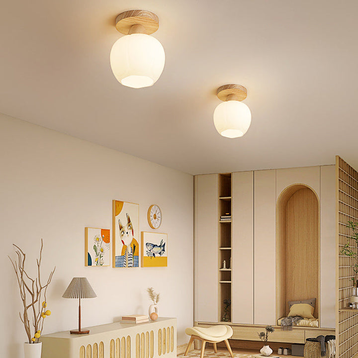 Luz de techo semiempotrada de 1 luz de vidrio y madera minimalista moderna para sala de estar 
