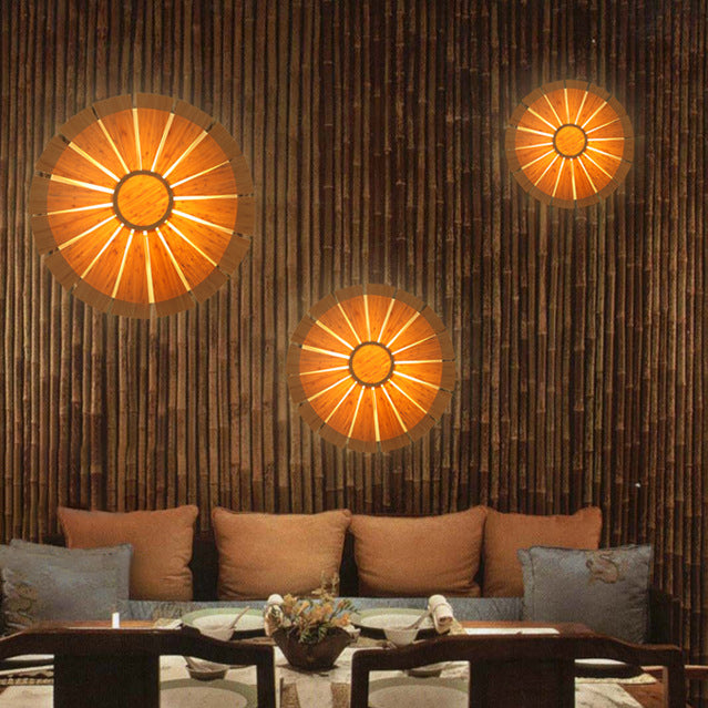 Applique murale 1 lumière en bambou rond chinois traditionnel avec faux parchemin pour chambre 