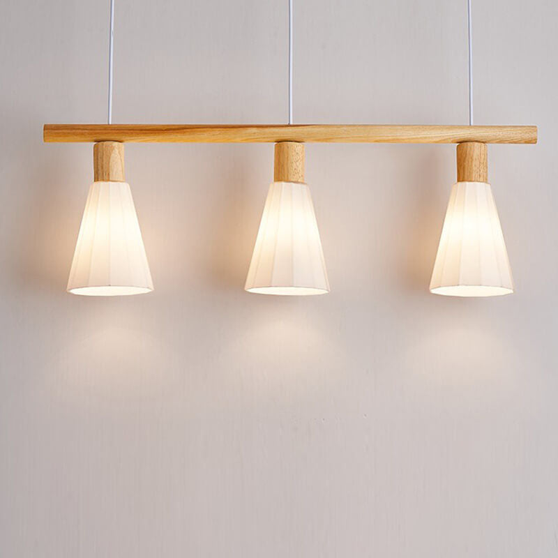Japanese Wabi-sabi Solid Wood Semi-Conical Glass Shade 3-Light Island Light Chandelier