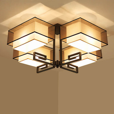 Modern Chinese Fabric Square Geometric Hardware 4-Light Semi-Flush Mount Ceiling Light