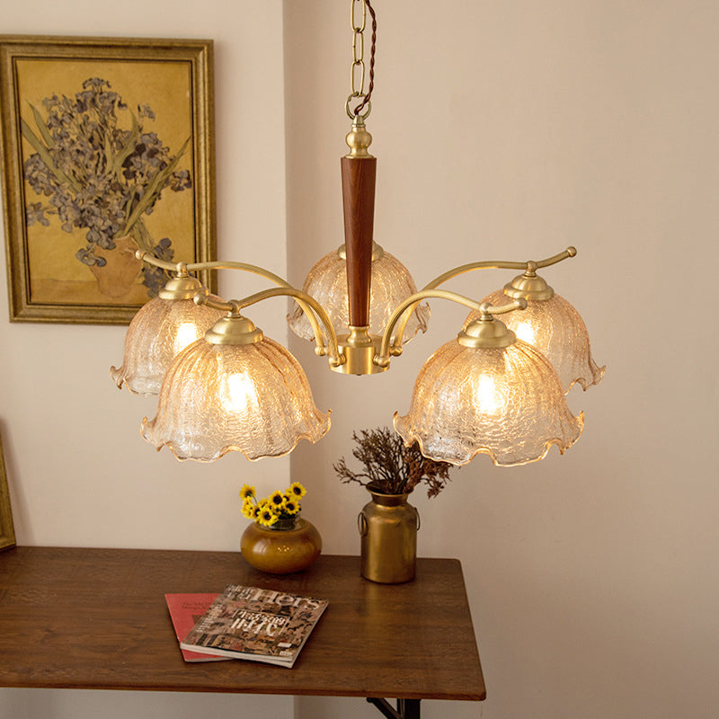 Traditional Vintage Petals All Copper Log Glass 3/5 Light Chandelier For Living Room