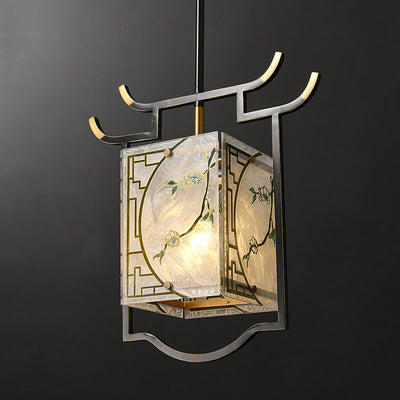 Lustre suspendu à 1 lumière en cuivre lucite émaillé quadrilatère chinois traditionnel pour salon 