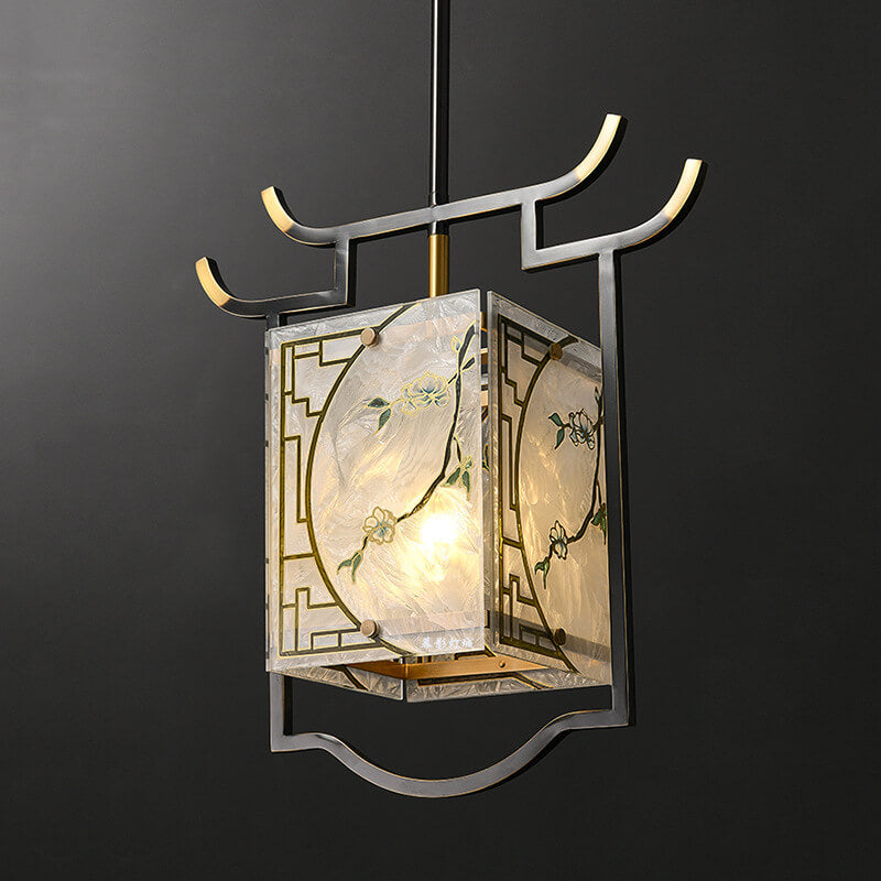 Lustre suspendu à 1 lumière en cuivre lucite émaillé quadrilatère chinois traditionnel pour salon 