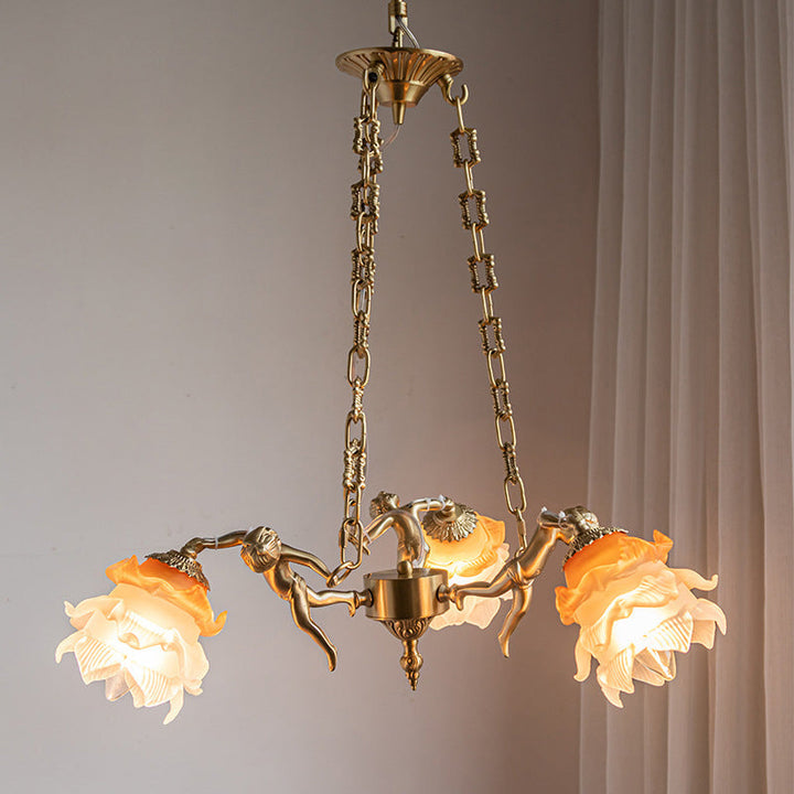 Traditioneller Vintage Engel Blume Kupfer Glas 1/3/6 Licht Kronleuchter für Schlafzimmer 
