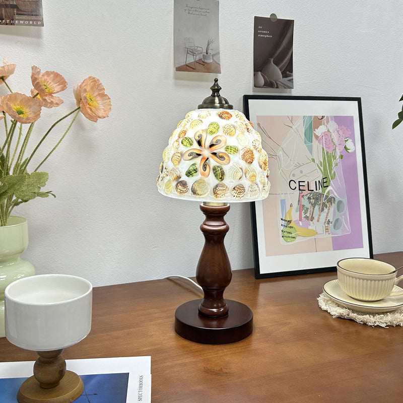 Lámpara de Mesa de 1 Luz con Caparazón de Lozange de Hemisferoide de Vidrio de Madera Vintage Tradicional para Mesita de Noche 