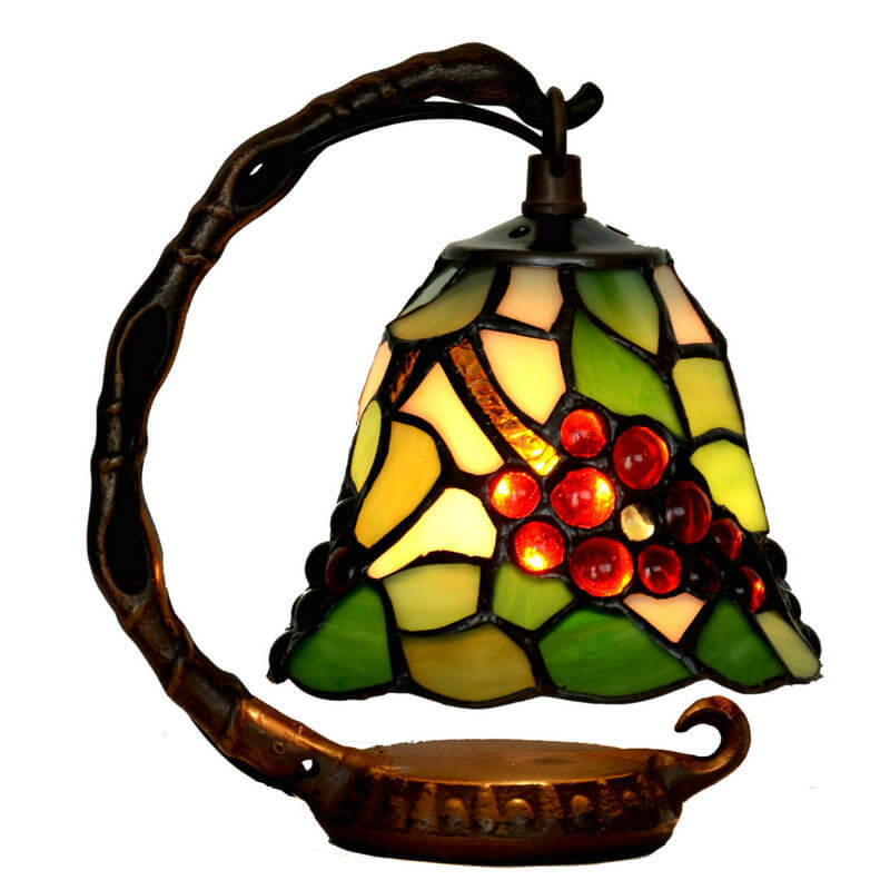 Vintage Tiffany Grape Stained Glass Metal Base 1-Light Table Lamp