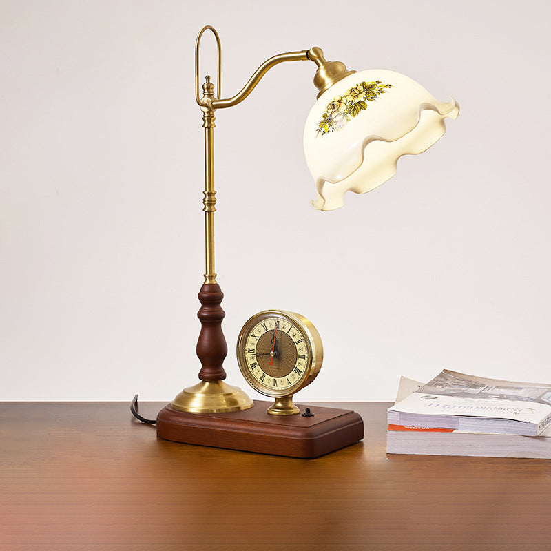 Lampe de Table Traditionnelle Rétro Florale en Bois Massif avec Verre Cuivre à 1 Lumière pour Chambre 