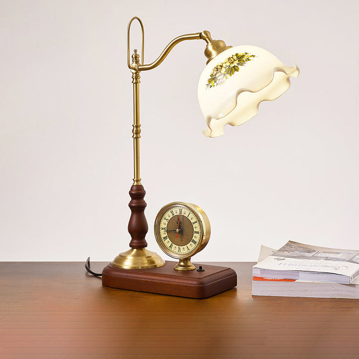 Lampe de Table Traditionnelle Rétro Florale en Bois Massif avec Verre Cuivre à 1 Lumière pour Chambre 
