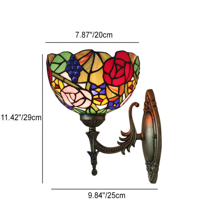 Vintage Tiffany Traubenblumen-Schale Buntglas 1-Licht Wandleuchte 