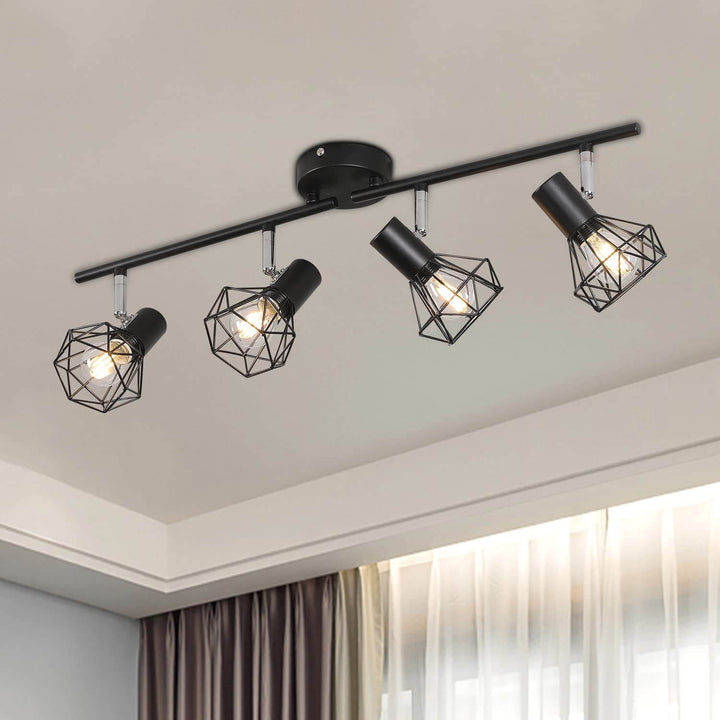 Contemporary Industrial Iron Cage Rotating 4-Light Semi-Flush Mount Ceiling Light For Living Room