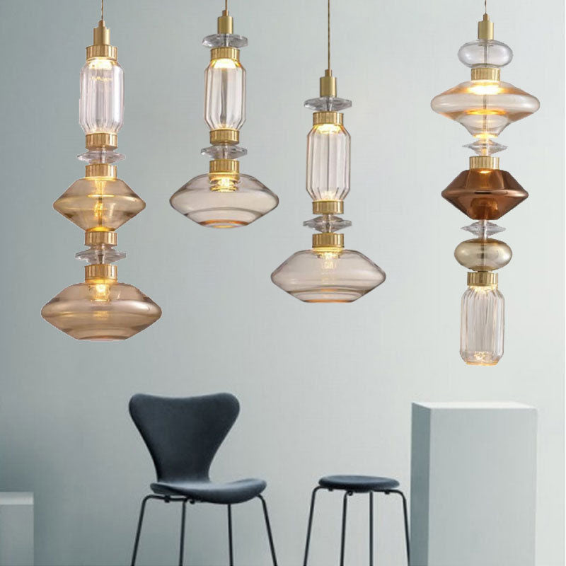 Traditional European Irregular Cylinder Iron Glass 1-Light Pendant Light For Living Room