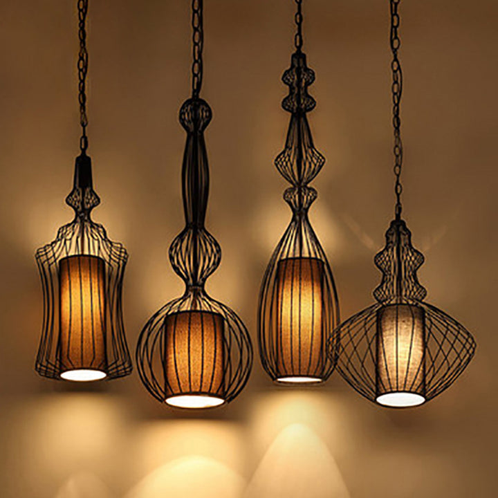 Zeitgenössische industrielle Käfig Eisen Stoff 1-Licht Pendelleuchte für Wohnzimmer 