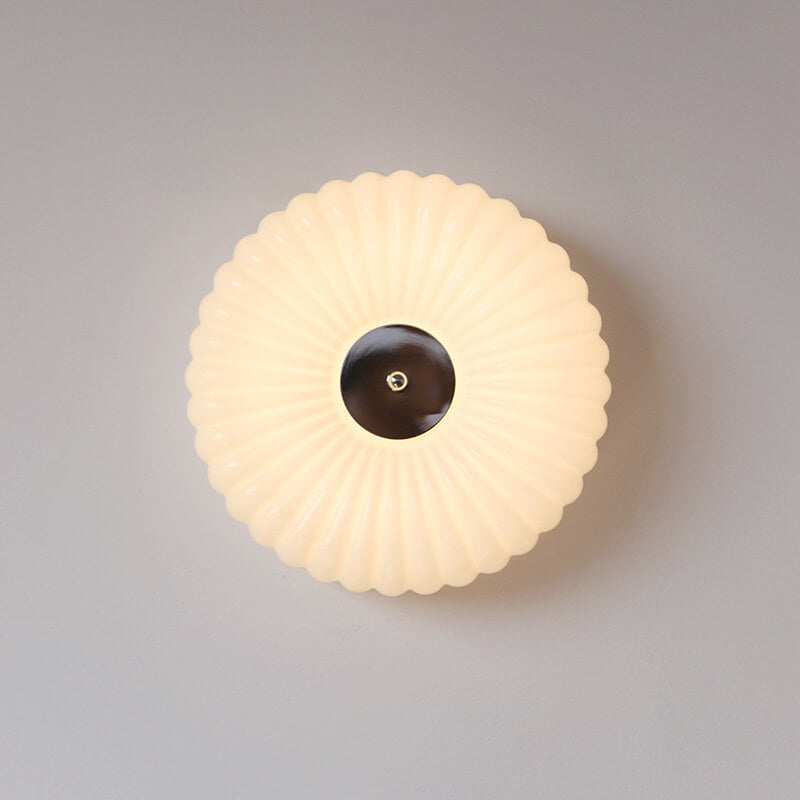 French Minimalist Cream Textured Glass Round LED Flush Mount Ceiling Light