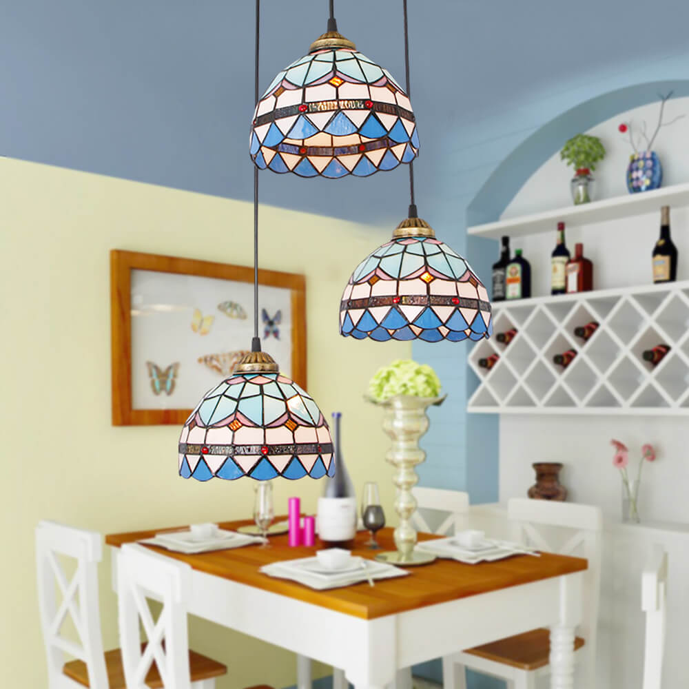 Lámpara colgante de isla de 3 luces con pantalla abovedada de vidrio Tiffany y hierro para sala de estar 