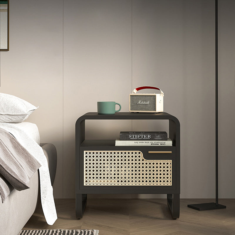 Table de chevet moderne minimaliste rectangulaire en bois massif avec rotin 1 tiroir pour chambre 