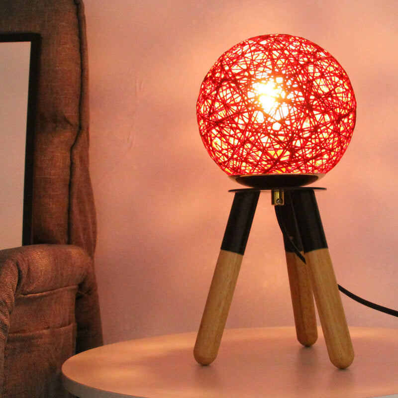 Contemporary Nordic Faux Rattan Ball Wood Metal Tripod 1-Light Table Lamp For Bedroom