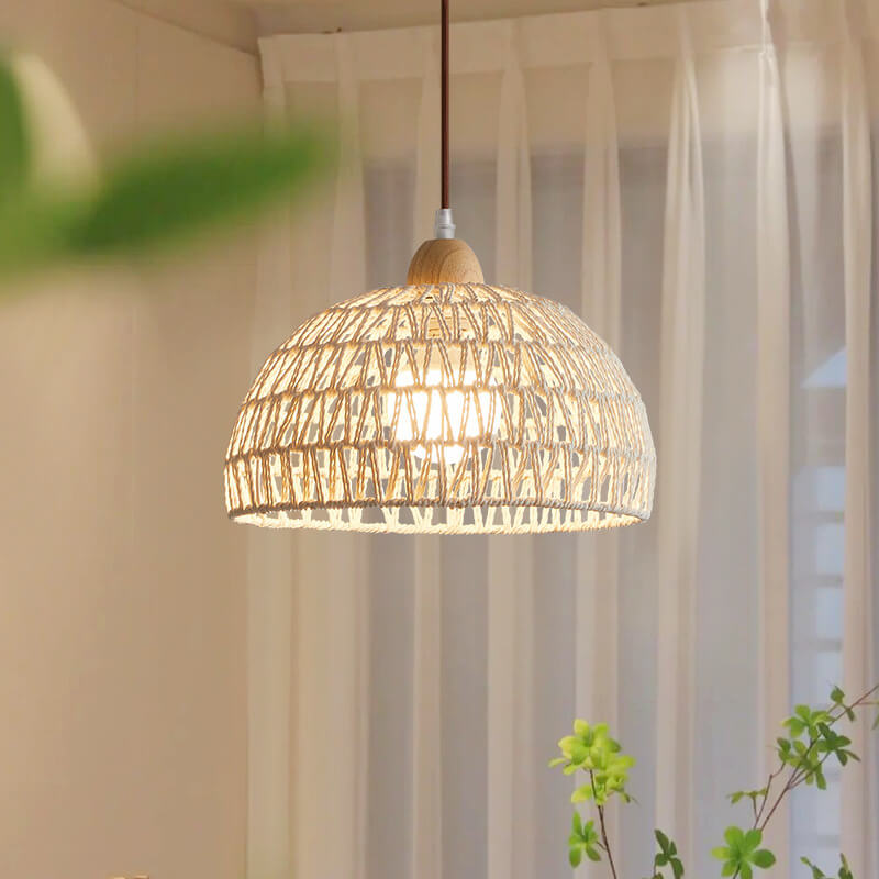 Contemporary Boho Rubberwood Faux Rattan Weaving Dome 1-Light Pendant Light For Dining Room