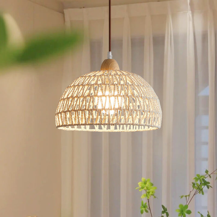 Contemporary Boho Rubberwood Faux Rattan Weaving Dome 1-Light Pendant Light For Dining Room