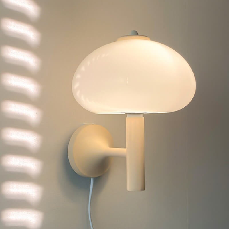 Contemporary Nordic Milk White Iron Glass Dome Mushroom 1-Light Wall Sconce Lamp For Bedroom