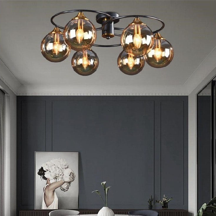 Moderne Mid-Century Eisenrahmen Magic Bean Glasschirm 4/6-Licht Halbbündige Deckenleuchte für Wohnzimmer 